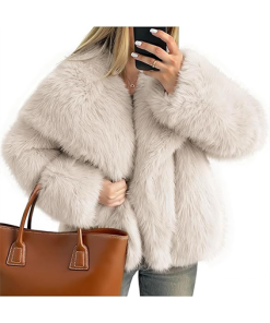 Long-sleeved, collared, open-front, fluffy fleece jacket