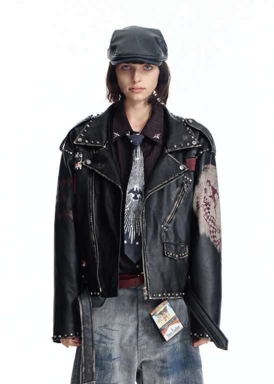 Washed Faux Leather Jacket with Rivets