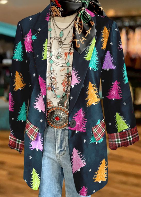 Casual Festive Christmas Tree Patchwork Suit