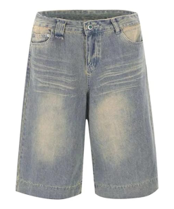Loose-fitting Harajuku style high-waisted street style wide-leg denim shorts