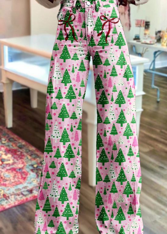 Classic Christmas Tree Print Wide-Leg Pants