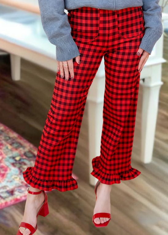 Classic Cotton Plaid Ruffle Trousers