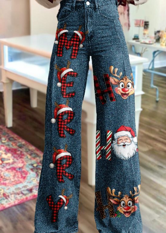Denim-Style Christmas Letter Wide-Leg Pants