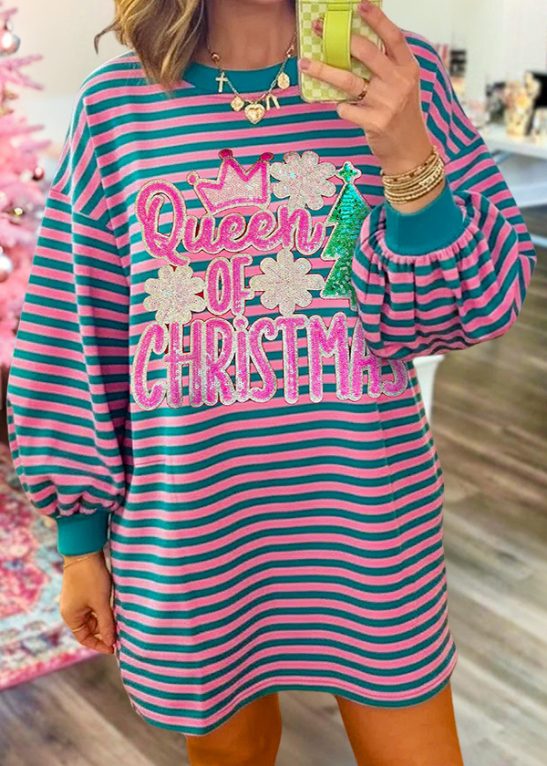Christmas Color-Blocked Striped Sweatshirt Dress