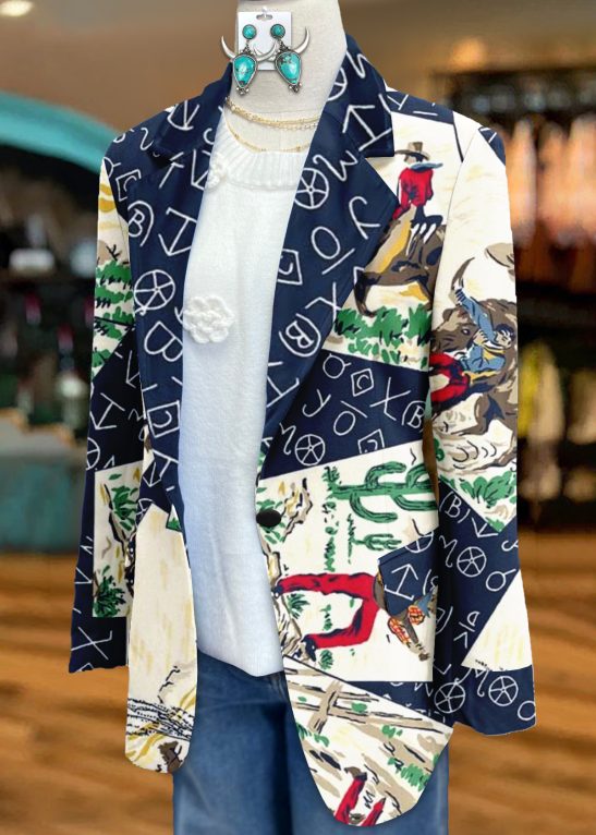 Western Horseback Cowboy Brand Print Blazer