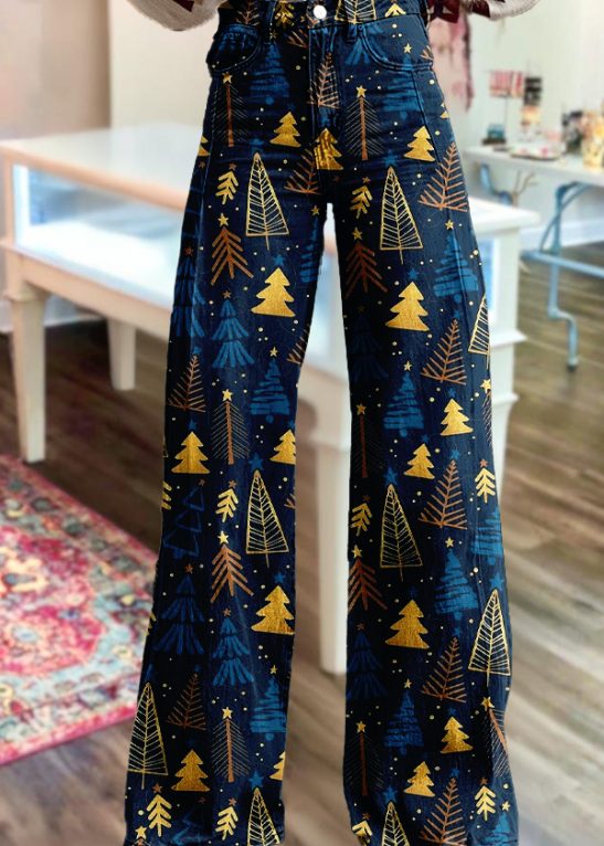 Retro Christmas Tree Print Wide-Leg Pants