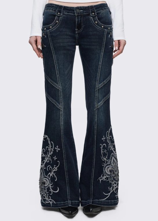 Flared Denim Pants – Gothic Floral Embroidery, Modern Flare